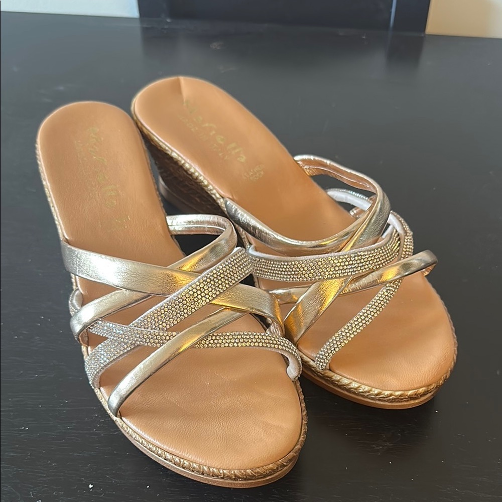 Gold and Tan Strappy Flat Sandals